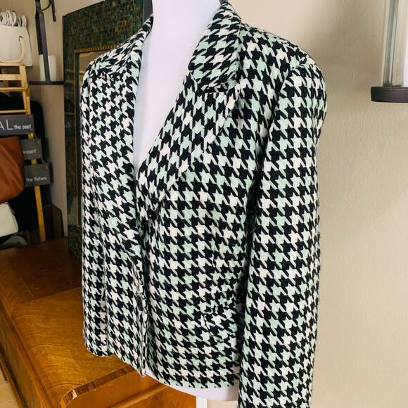 Vintage Size 14P Houndstooth Blazer Jacket Black Off White Mint Green Career - Picture 3 of 12